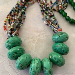 Vintage Glass Beaded Necklace with Chunky Green Stones